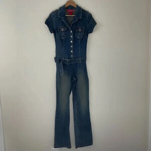 Vintage Hot Kiss Blue Denim Belted Bootcut Stretch 90s Y2K Jumpsuit Size Large
